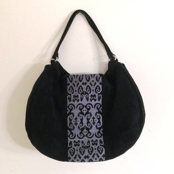 Adrienne Vittadini Boho Embroidered Sued Leather Hobo Bag Black Grey - Picture 1 of 10